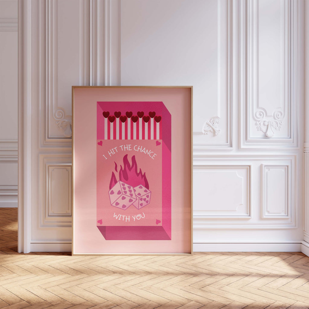 Streichholz Poster · · Hit The Chance With You · Liebe Illustration · Würfel Design · Vintage Ästhetik · Pink Rot · Print ohne Rahmen-3