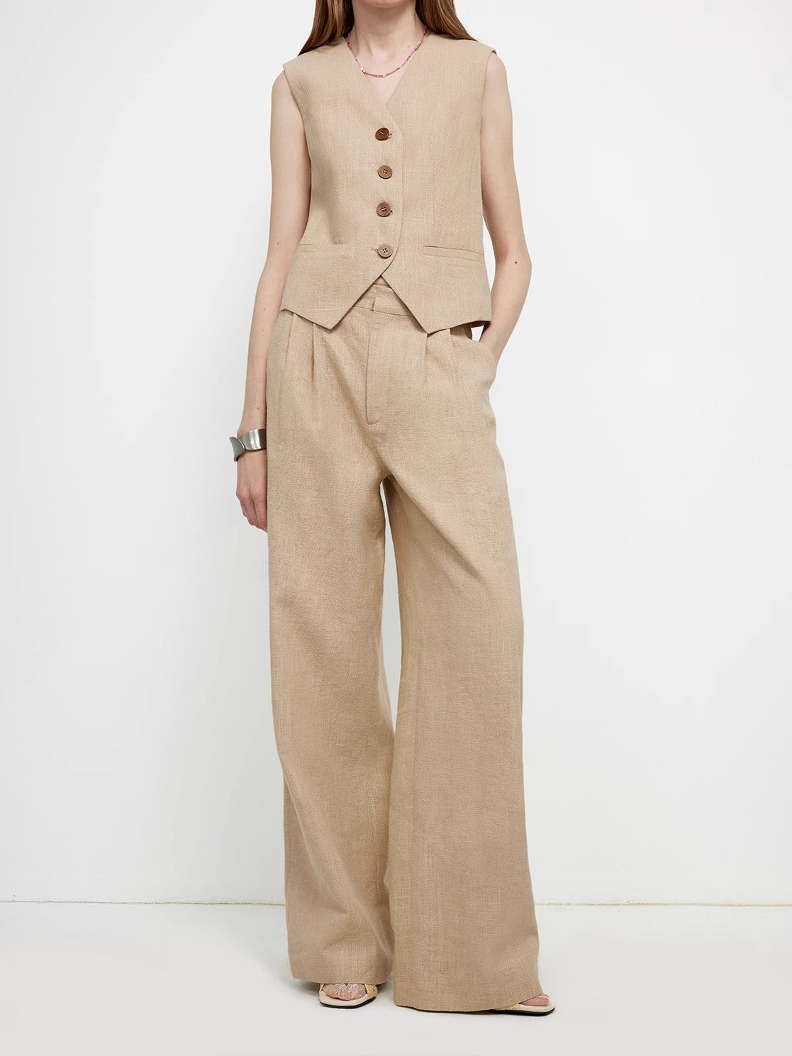 Set Completo Gilet e Pantaloni Tailleur Oversize in Ramie Traspirante
