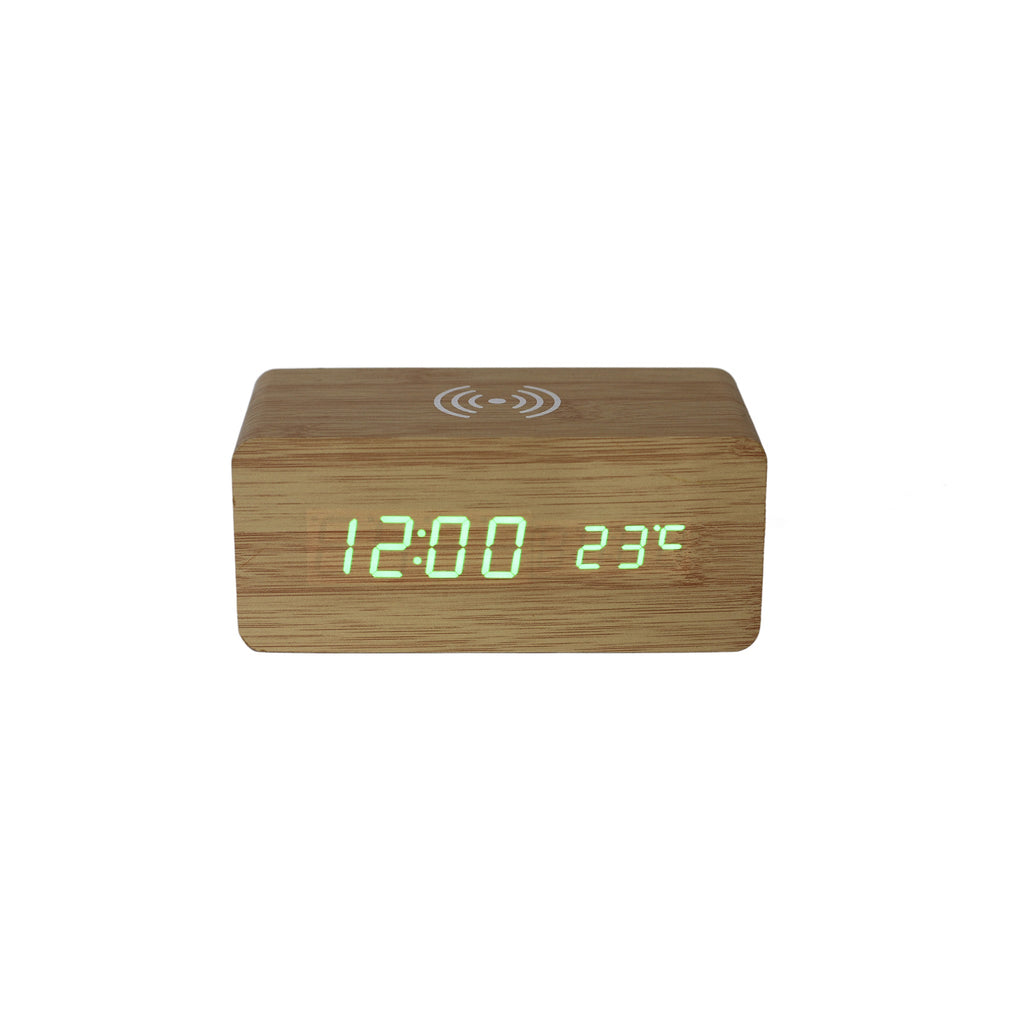 Caricatore Wireless in Bamboo con Orologio Digitale e Display LED