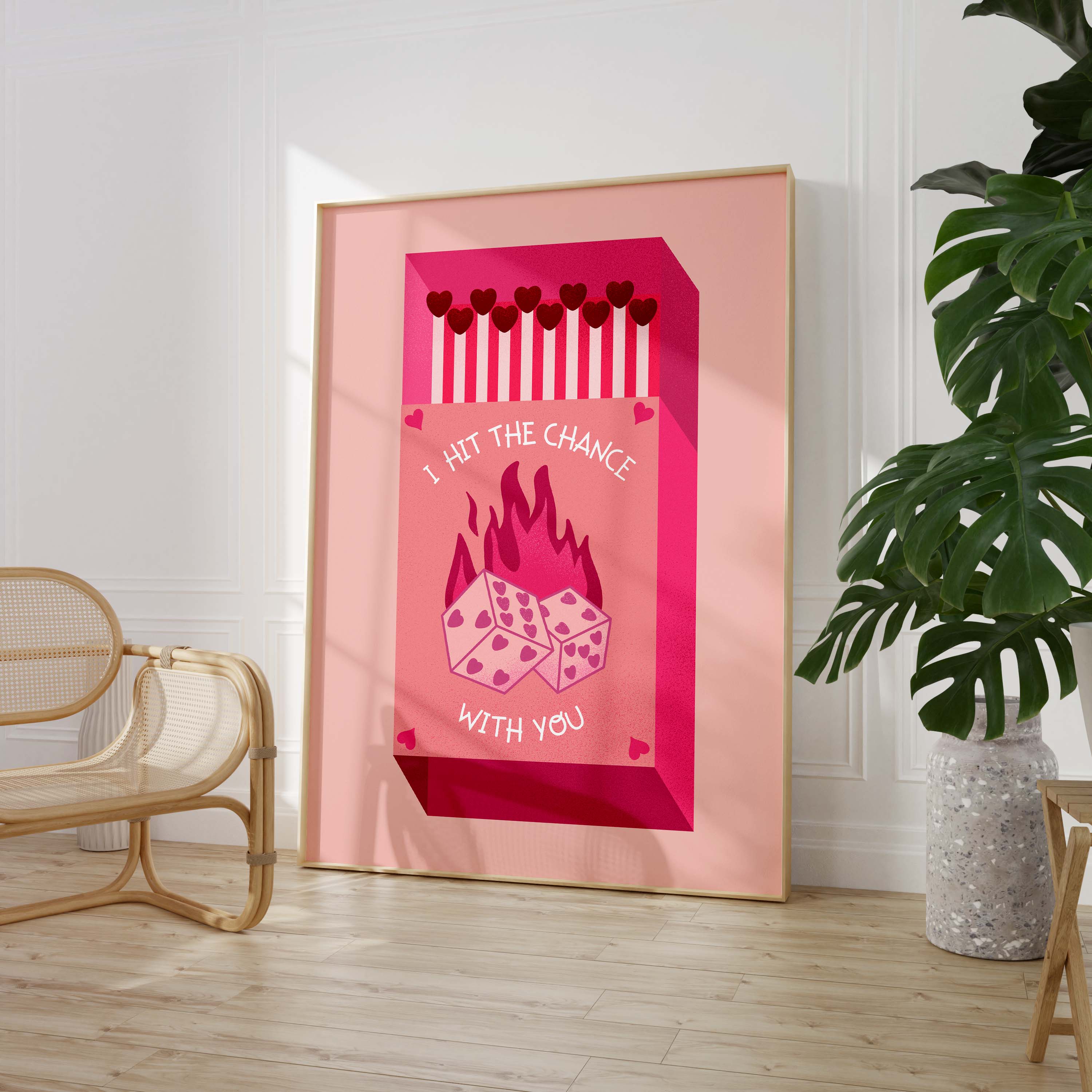 Streichholz Poster · · Hit The Chance With You · Liebe Illustration · Würfel Design · Vintage Ästhetik · Pink Rot · Print ohne Rahmen-1