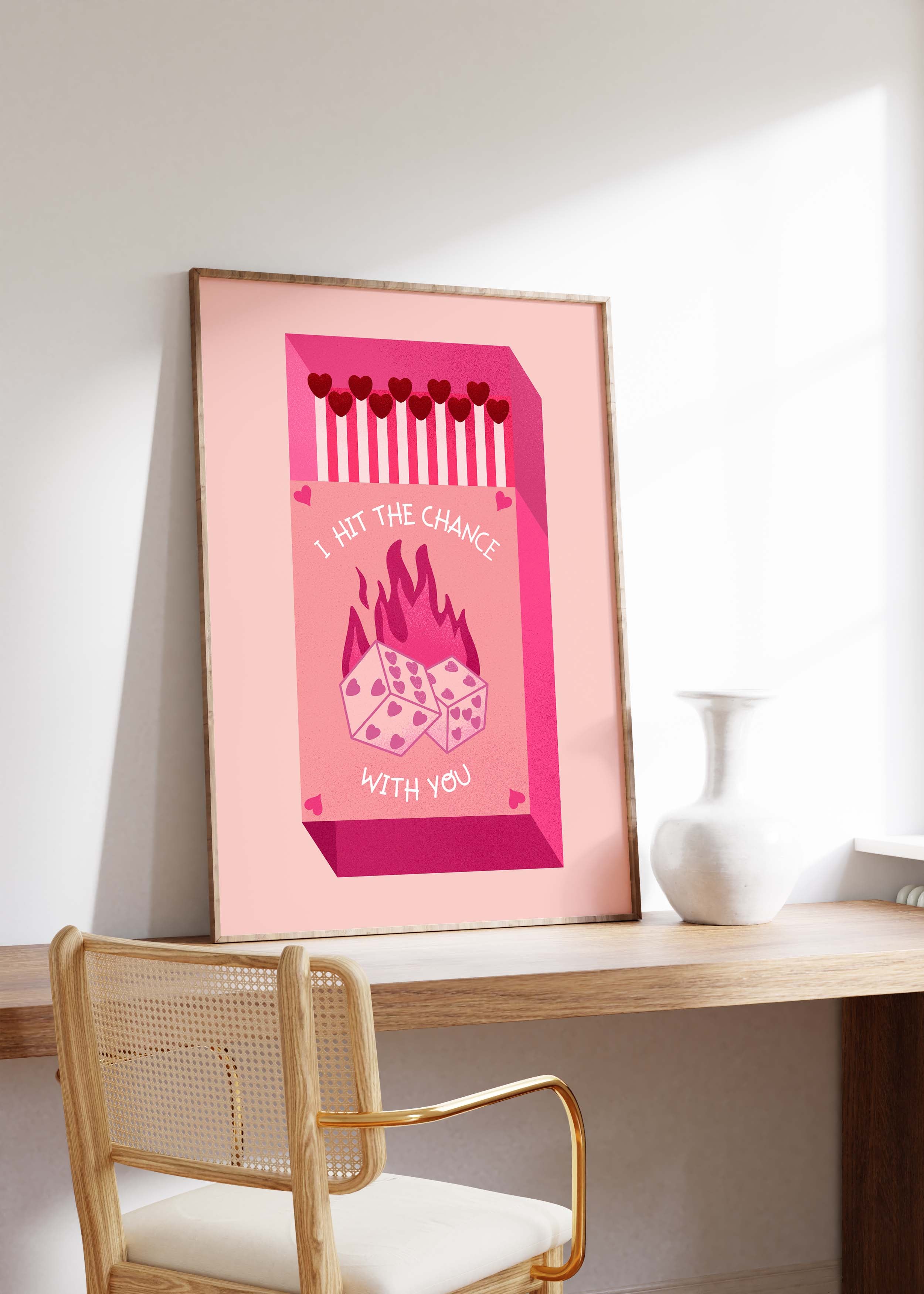 Streichholz Poster · · Hit The Chance With You · Liebe Illustration · Würfel Design · Vintage Ästhetik · Pink Rot · Print ohne Rahmen-4