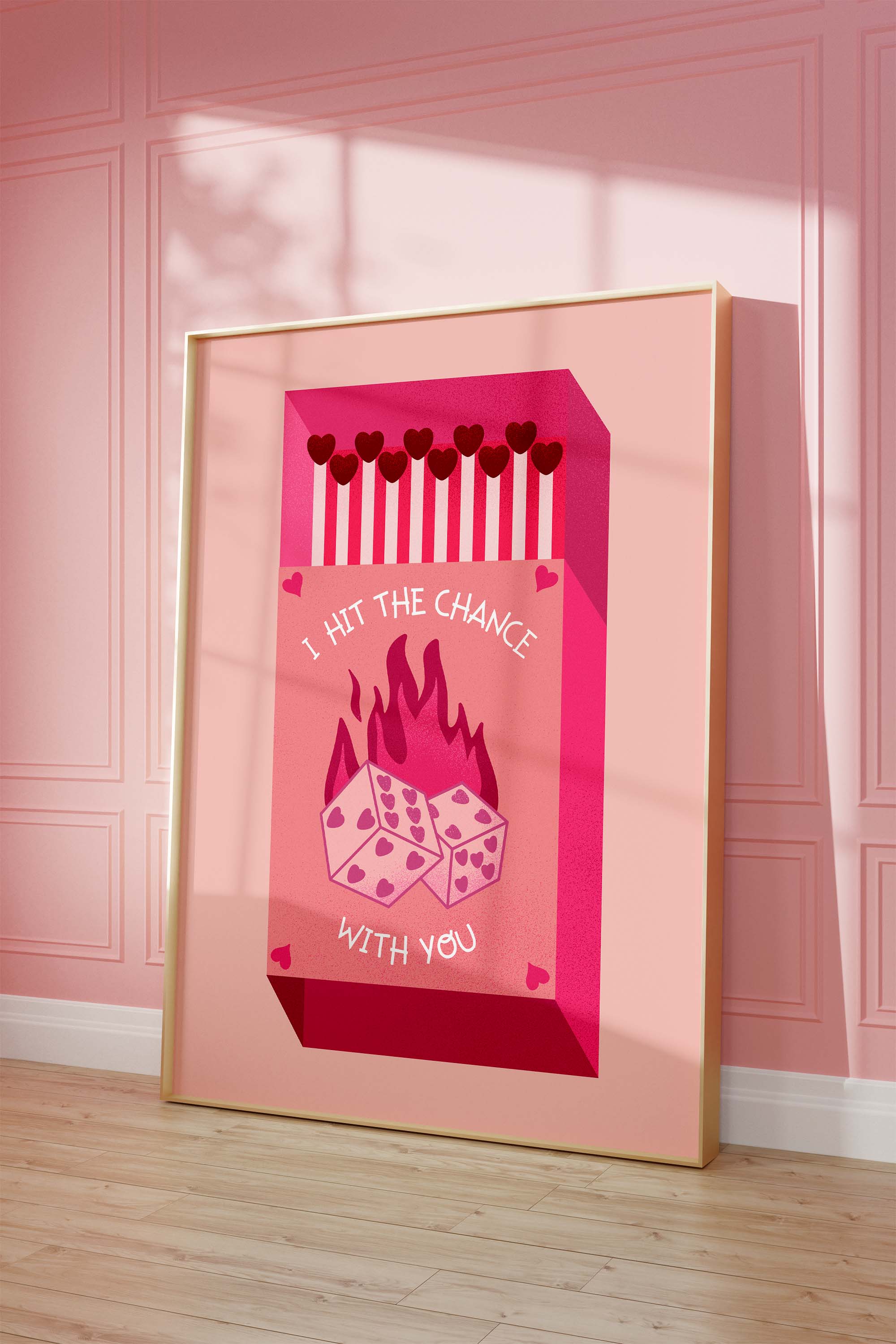 Streichholz Poster · · Hit The Chance With You · Liebe Illustration · Würfel Design · Vintage Ästhetik · Pink Rot · Print ohne Rahmen-2