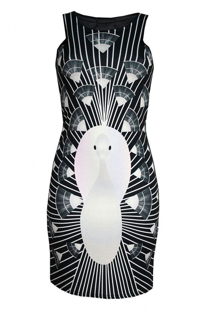 Vestito Mini Senza Maniche Con Stampa Pavone Elegante E Chiusura Laterale