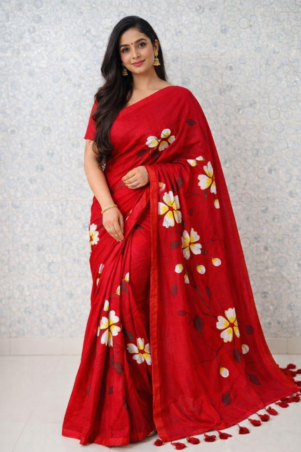 Scarlet Blossom Premium Mull Cotton Handprint Saree-1