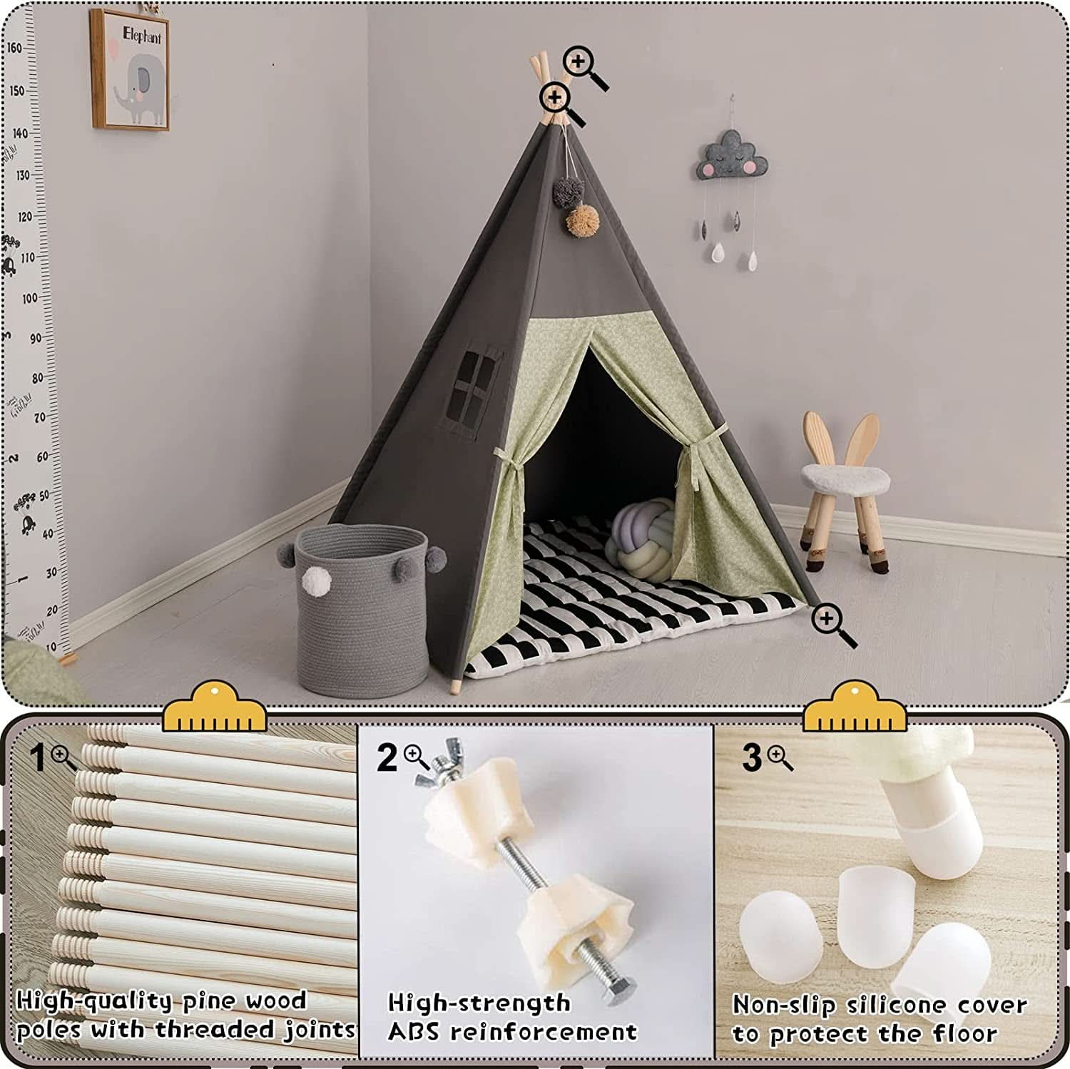 Casa Teepee Grigia Con Materasso Imbottito Per Bambini