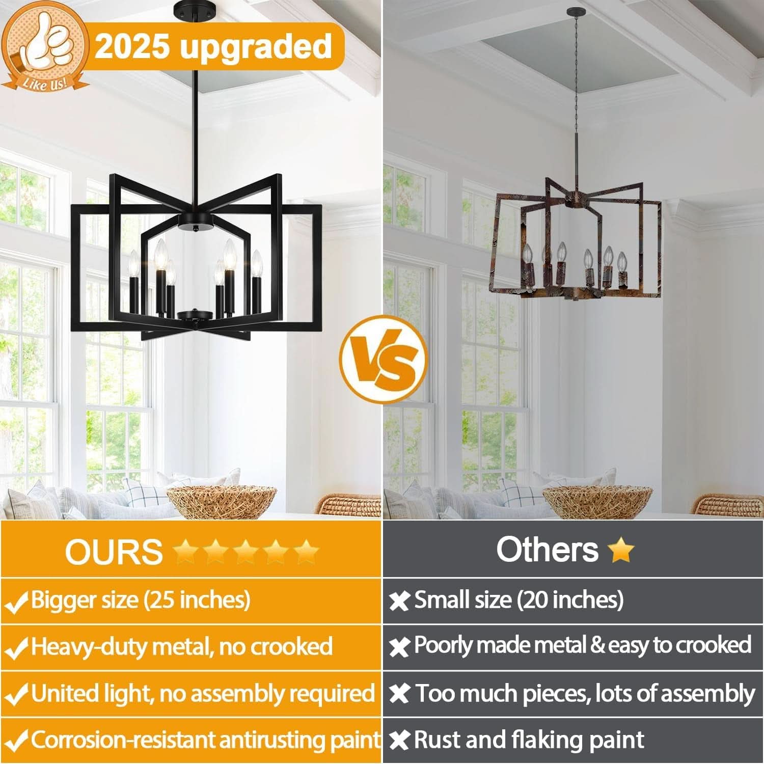 Lampadario Nero Sei Luci Sospensione Geometrico Quadrato Da 63 Cm