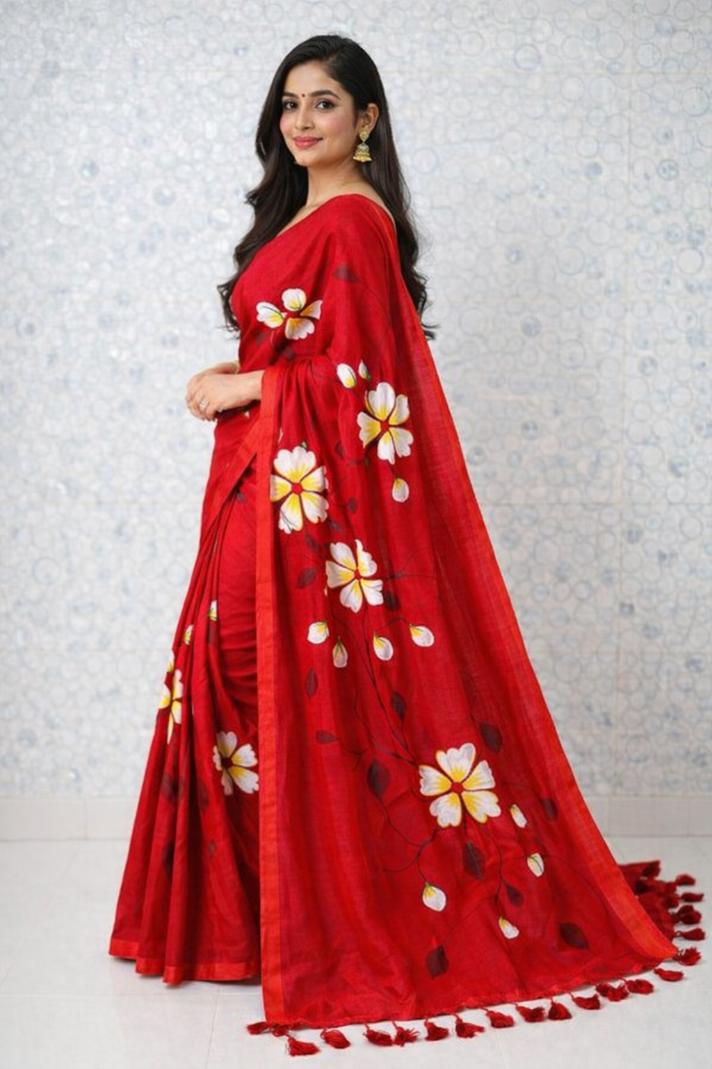 Scarlet Blossom Premium Mull Cotton Handprint Saree-2