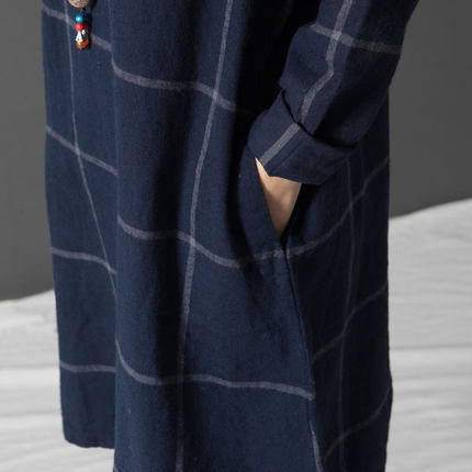 Spring New Style Literary Plus Size Women's Loose Korean Style Long-Sleeved Plaid Cotton and Linen Dress for Women Extra Large Size