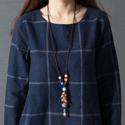 Spring New Style Literary Plus Size Women's Loose Korean Style Long-Sleeved Plaid Cotton and Linen Dress for Women Extra Large Size
