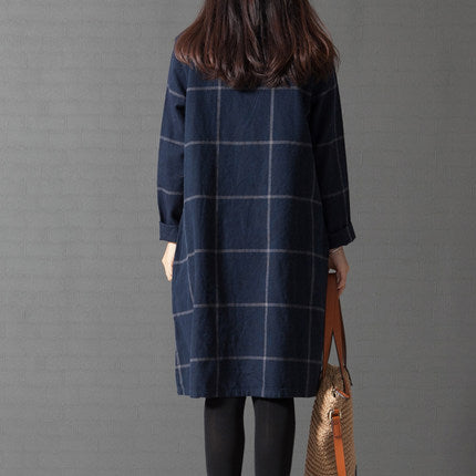 Spring New Style Literary Plus Size Women's Loose Korean Style Long-Sleeved Plaid Cotton and Linen Dress for Women Extra Large Size