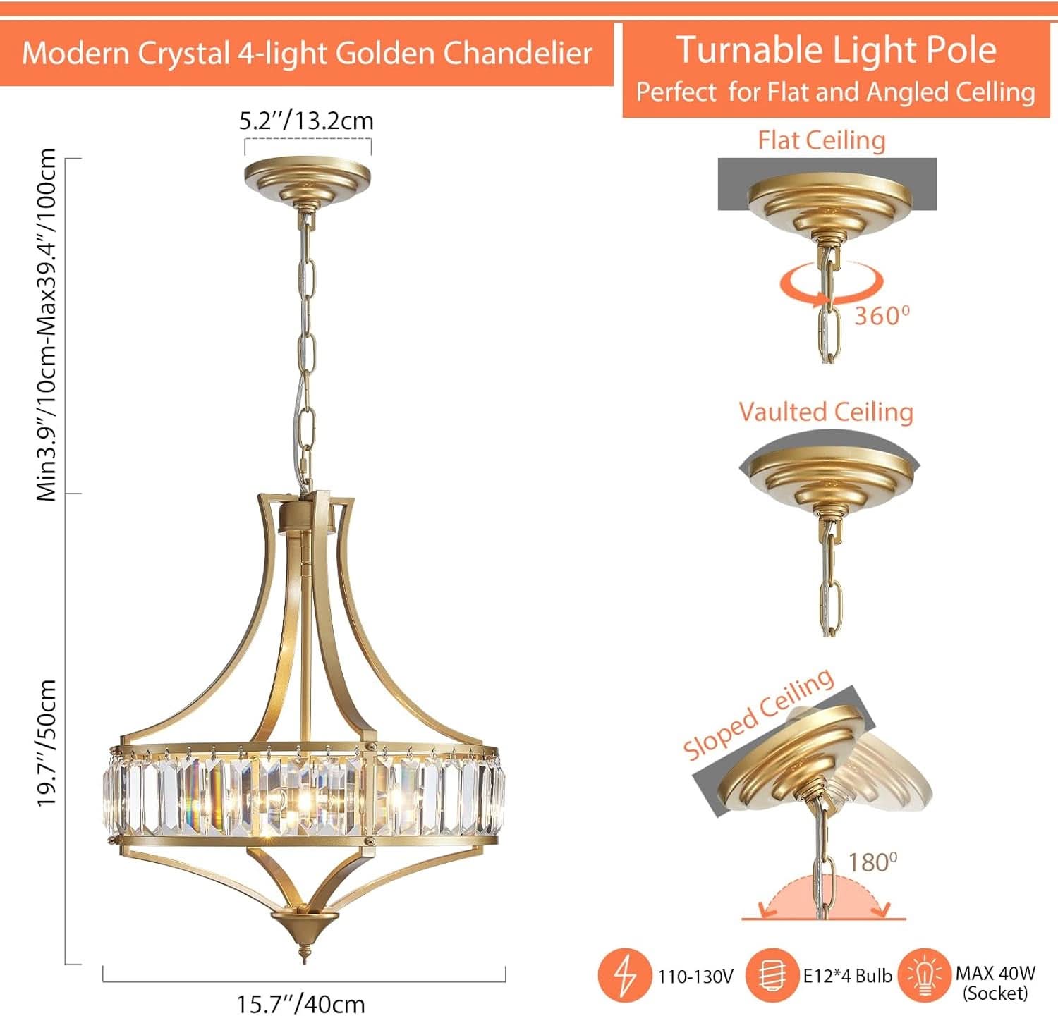 Gold Crystal Chandelier 4 Light Rustic Illumination