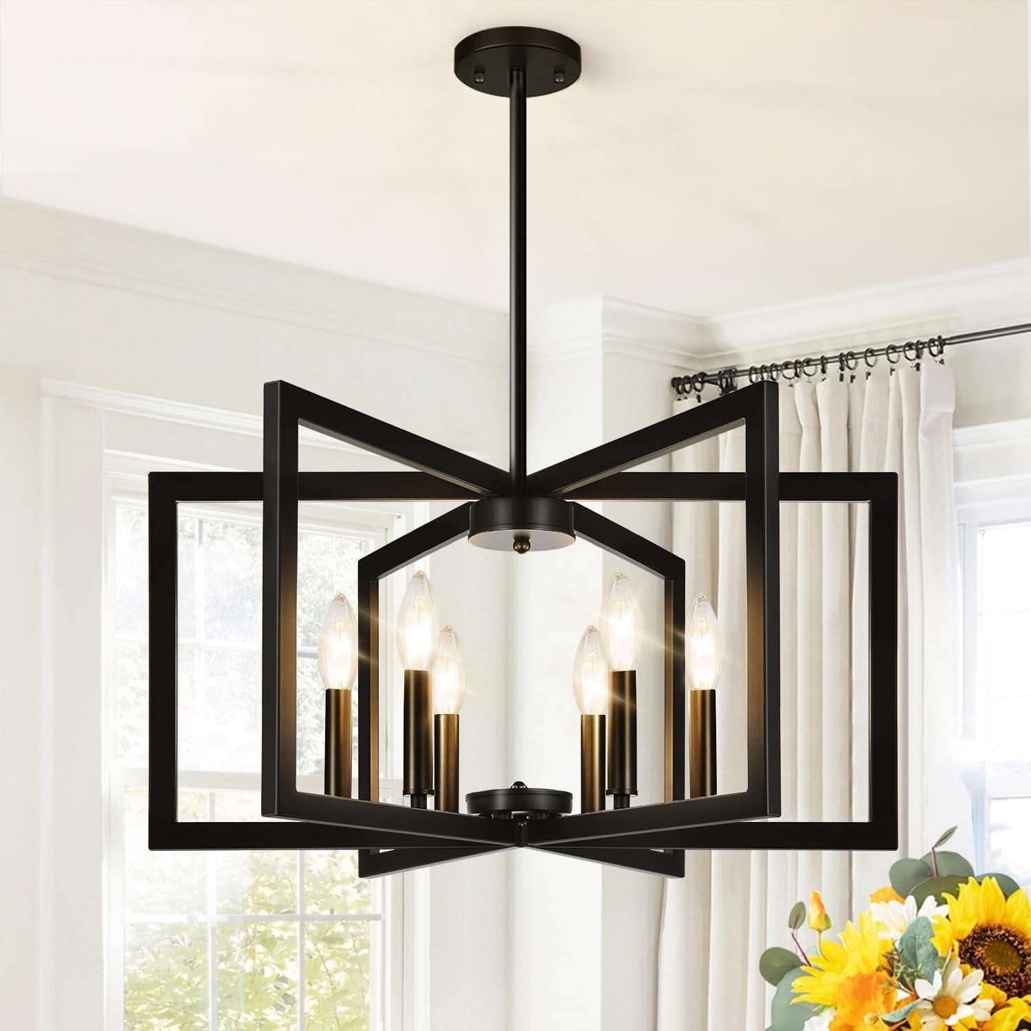 Lampadario Nero Sei Luci Sospensione Geometrico Quadrato Da 63 Cm