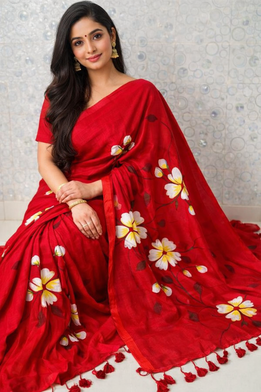 Scarlet Blossom Premium Mull Cotton Handprint Saree-0