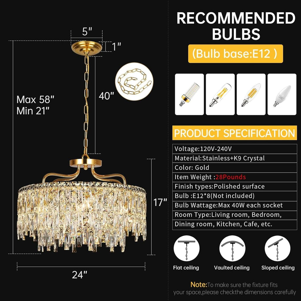Elegant Gold Crystal Chandelier 24 Inch Illumination