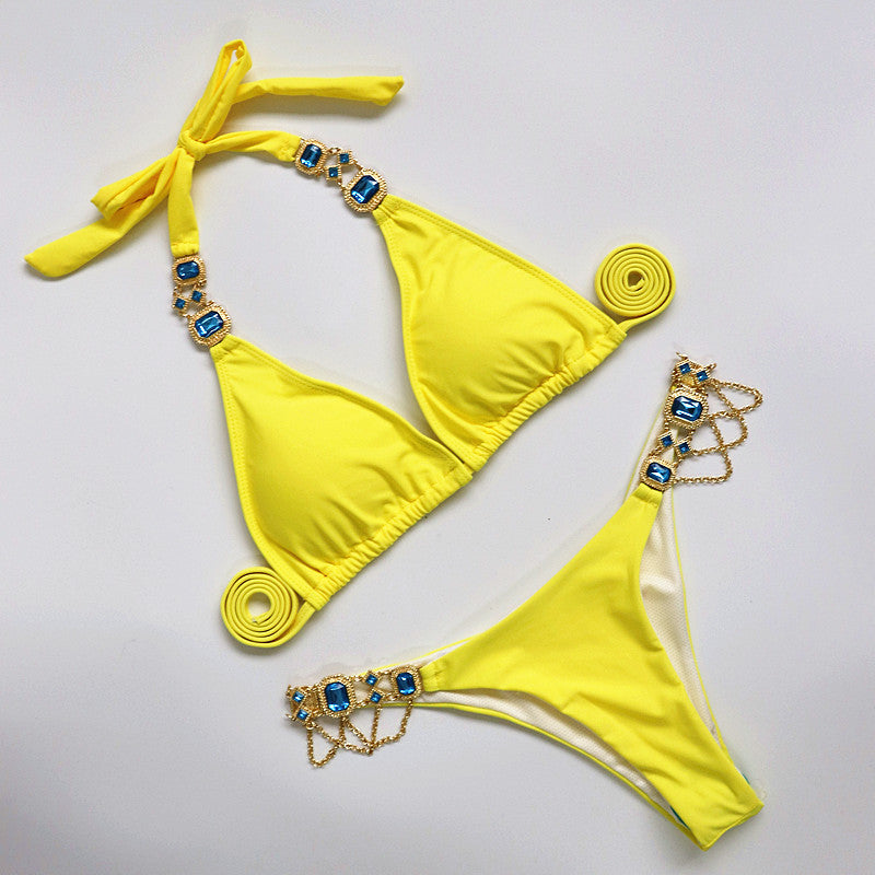 Catene di metallo con scollo all'americana Strass Diamante Bikini Costume da bagno donna Costumi da bagno femminili Due pezzi Bikini set Costume da bagno brasiliano Swim