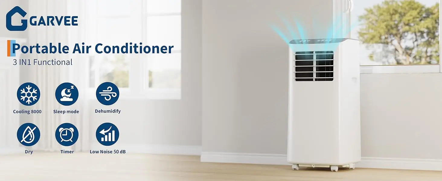 Condizionatore d'aria portatile 3 in 1, unità AC portatile da 8.000 BTU con funzione di raffreddamento, deumidificatore e ventola per ambienti fino a 350 piedi quadrati con telecomando, modalità sleep, timer 24 ore e kit pe