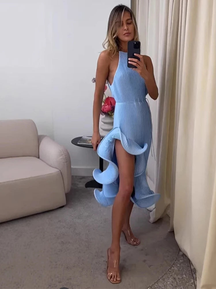 Elegante Abito Lungo Giallo Halter da Donna Senza Maniche con Balze Irregolari e Spacco Alto, Vestito Aderente Romantico per Ospiti di Matrimoni e Feste 2026