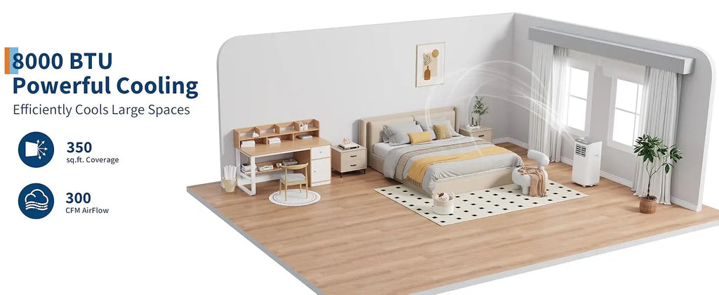 Condizionatore d'aria portatile 3 in 1, unità AC portatile da 8.000 BTU con funzione di raffreddamento, deumidificatore e ventola per ambienti fino a 350 piedi quadrati con telecomando, modalità sleep, timer 24 ore e kit pe