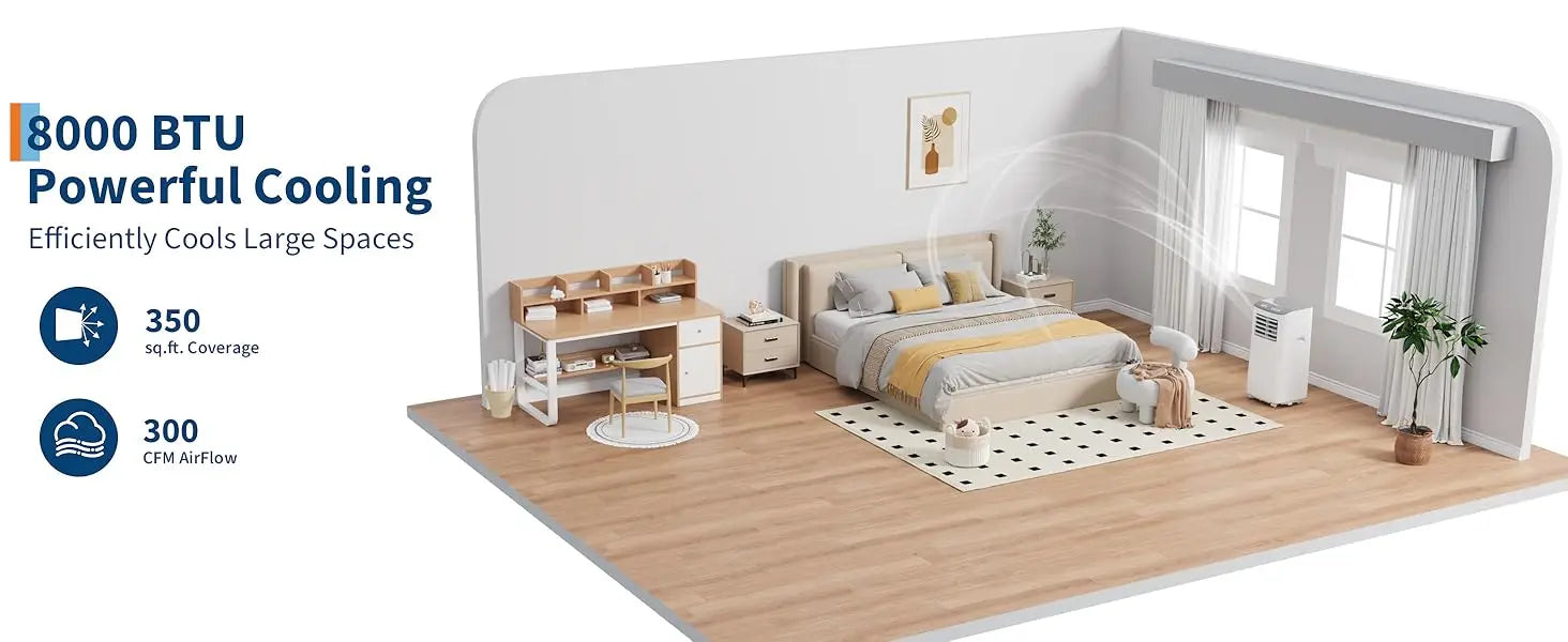 Condizionatore d'aria portatile 3 in 1, unità AC portatile da 8.000 BTU con funzione di raffreddamento, deumidificatore e ventola per ambienti fino a 350 piedi quadrati con telecomando, modalità sleep, timer 24 ore e kit pe