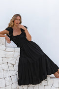 Abito Maxi Aura in Lino con Volant e Corpetto Smockato Scollo Rotondo