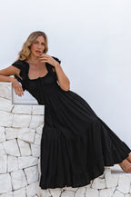 Abito Maxi Aura in Lino con Volant e Corpetto Smockato Scollo Rotondo