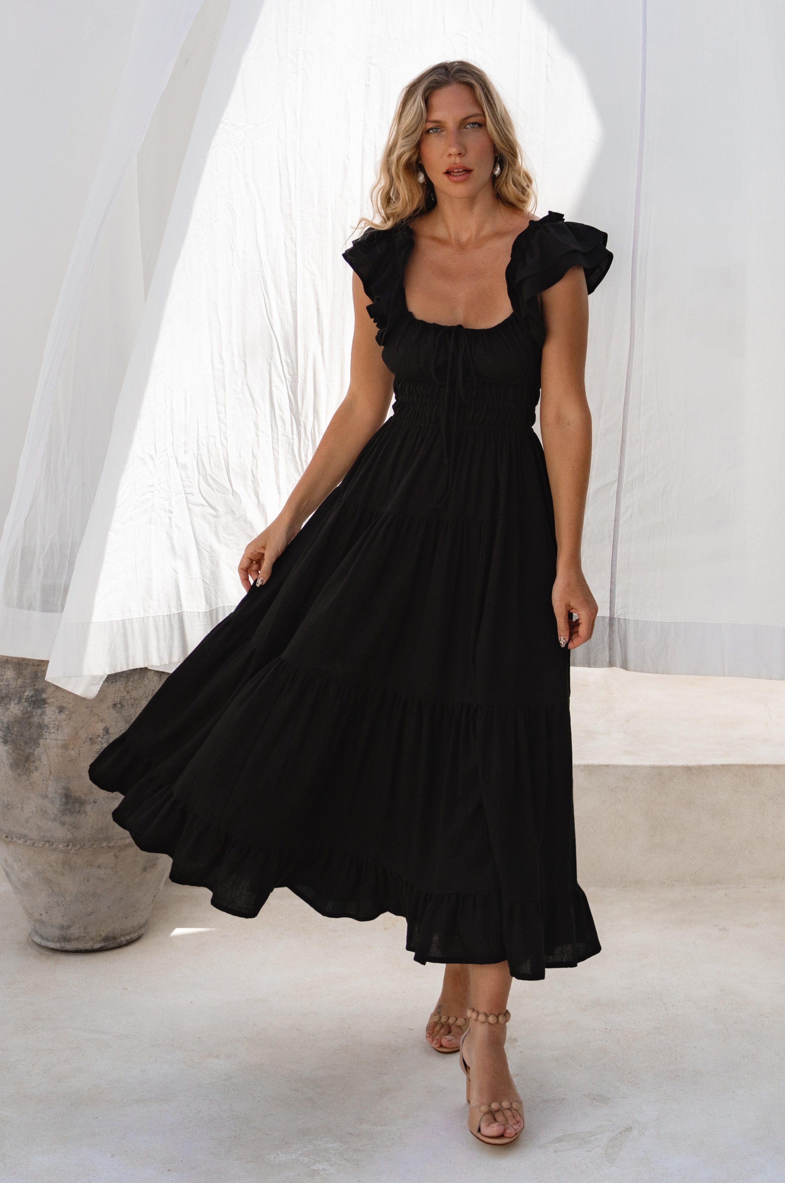 Abito Maxi Aura in Lino con Volant e Corpetto Smockato Scollo Rotondo