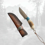 Coltello Da Esterno In Acciaio Damasco Manico In Corno Di Cervo E Turchese