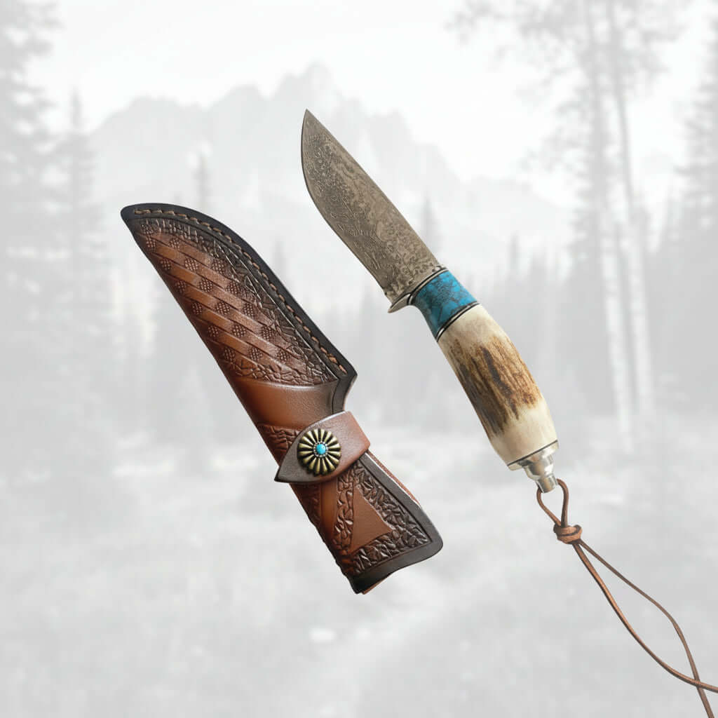 Coltello Da Esterno In Acciaio Damasco Manico In Corno Di Cervo E Turchese