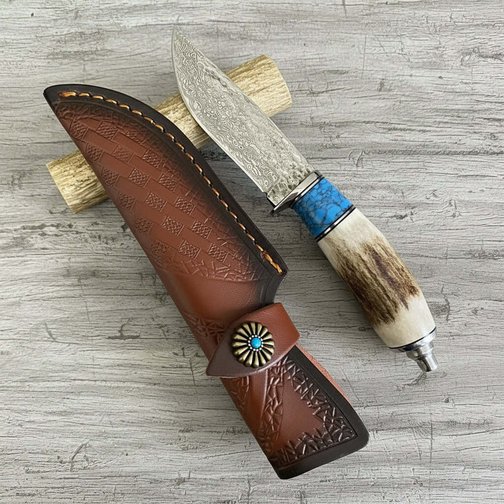 Coltello Da Esterno In Acciaio Damasco Manico In Corno Di Cervo E Turchese