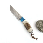 Coltello Da Esterno In Acciaio Damasco Manico In Corno Di Cervo E Turchese