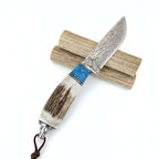 Coltello Da Esterno In Acciaio Damasco Manico In Corno Di Cervo E Turchese