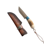 Coltello Da Esterno In Acciaio Damasco Manico In Corno Di Cervo E Turchese