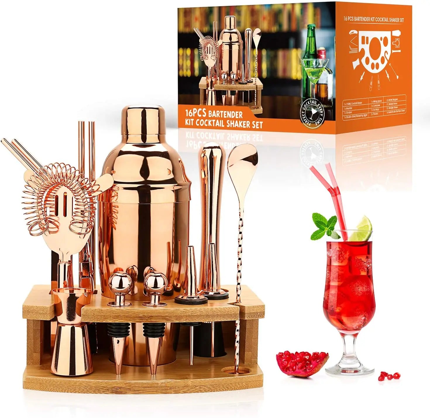 Set per Shaker da Cocktail, Kit da barista da 16 pezzi per Mixer Wine Martini, strumenti da Bar in acciaio inossidabile, accessori per feste per bevande domestiche