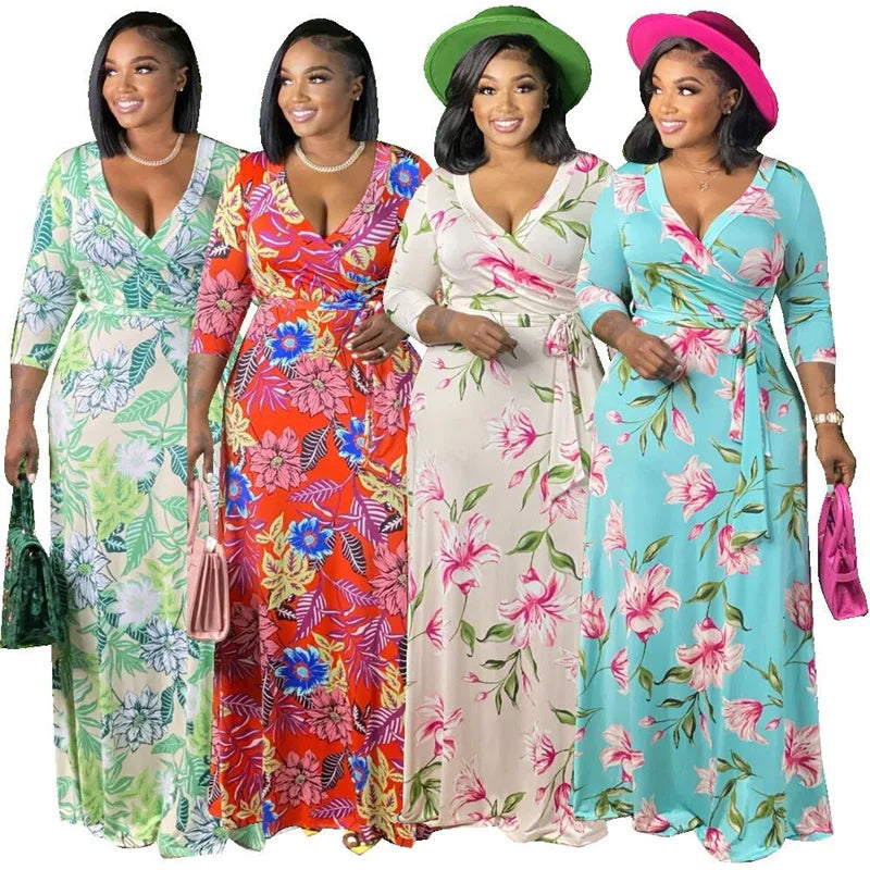 5xl Plus Size abiti abbigliamento donna elegante autunno Maxi abito floreale con fusciacca abito manica lunga da donna Dropshipping all'ingrosso