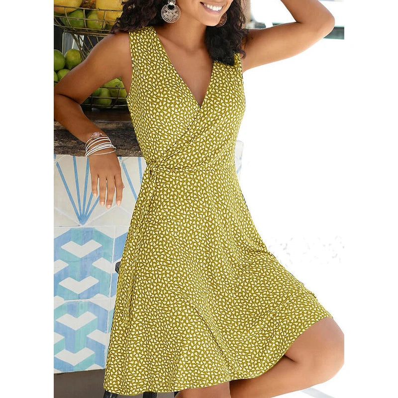 Nuovo vestito casuale a pois donne scollo a V senza maniche fasciatura vestito da spiaggia estate abiti bohémien per le donne vestiti S-5XL