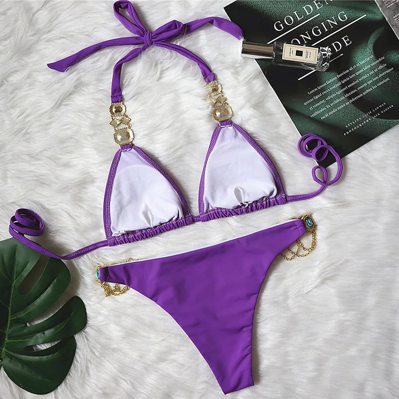 Catene di metallo con scollo all'americana Strass Diamante Bikini Costume da bagno donna Costumi da bagno femminili Due pezzi Bikini set Costume da bagno brasiliano Swim