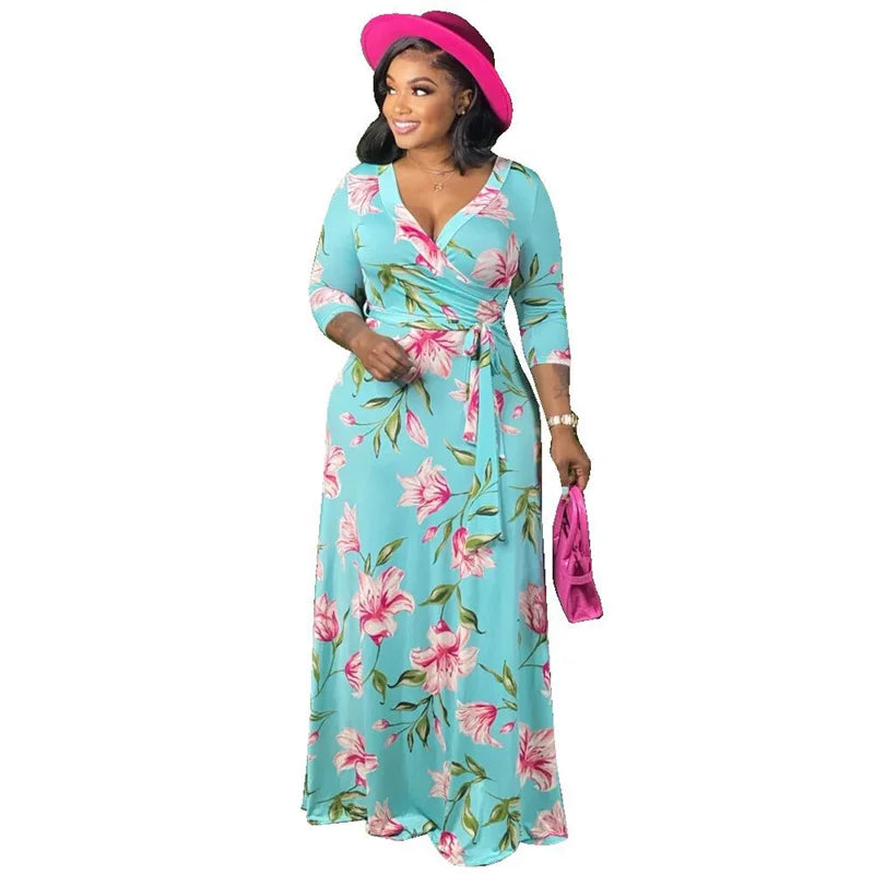 5xl Plus Size abiti abbigliamento donna elegante autunno Maxi abito floreale con fusciacca abito manica lunga da donna Dropshipping all'ingrosso