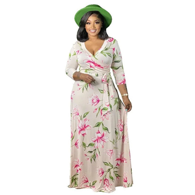 5xl Plus Size abiti abbigliamento donna elegante autunno Maxi abito floreale con fusciacca abito manica lunga da donna Dropshipping all'ingrosso