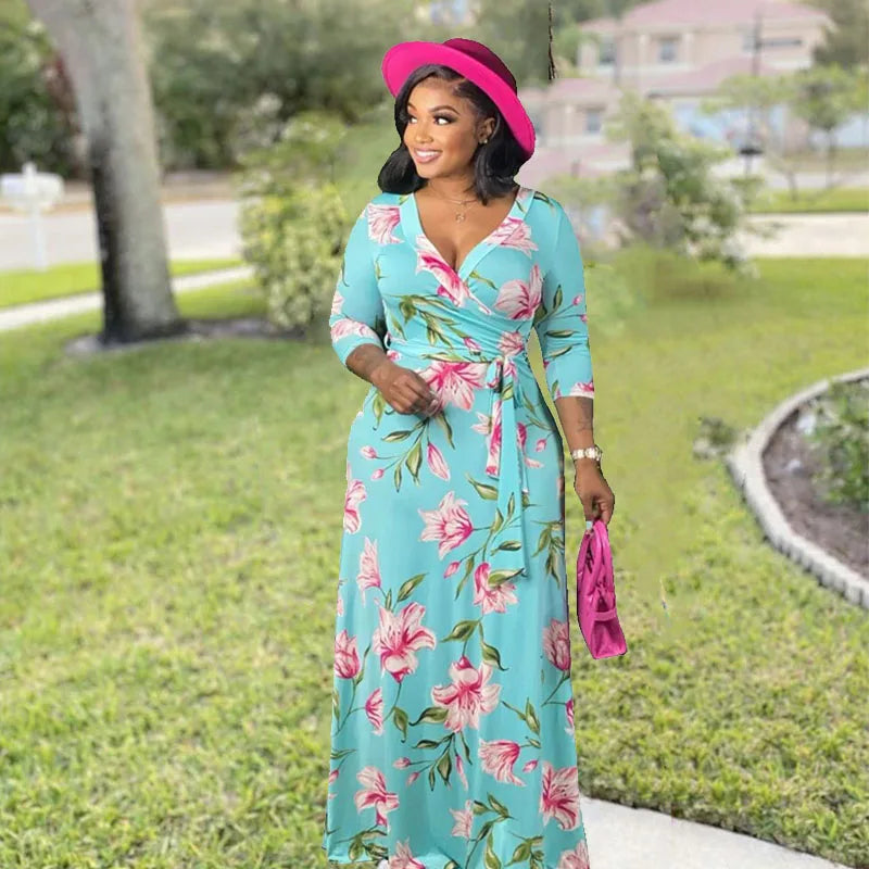 5xl Plus Size abiti abbigliamento donna elegante autunno Maxi abito floreale con fusciacca abito manica lunga da donna Dropshipping all'ingrosso