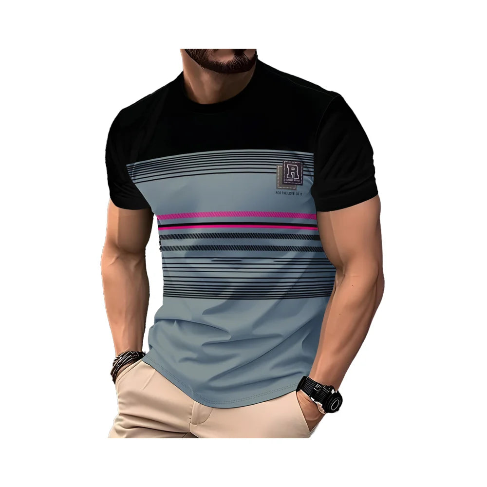 Casual Printed Geometric Striped Men's T-shirt Custom Logo Wholesale 100% Polyester Anti-pilling Digital Printing T-Shirt
