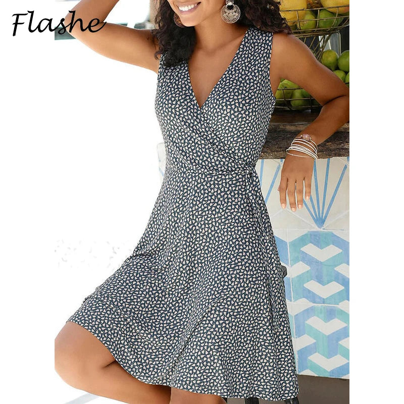 Nuovo vestito casuale a pois donne scollo a V senza maniche fasciatura vestito da spiaggia estate abiti bohémien per le donne vestiti S-5XL