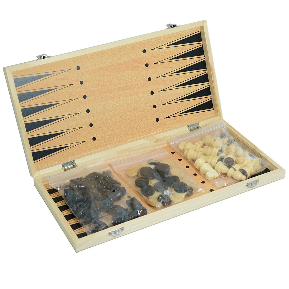 Three-in-one Wooden Chess Solid Wood Set Foldable Portable Competitive Parent-child Interactive Educational Toys
