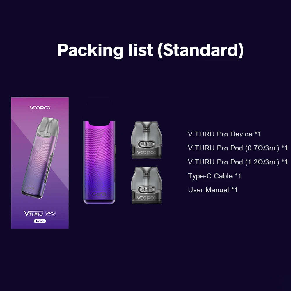 Kit pod ufficiale VOOPOO V Thru Pro Batteria da 900 mAh Cartuccia pod da 3 ml 0,7 ohm 1,2 ohm Carica USB-C Sigaretta elettronica Schermo OLED da 0,69 pollici
