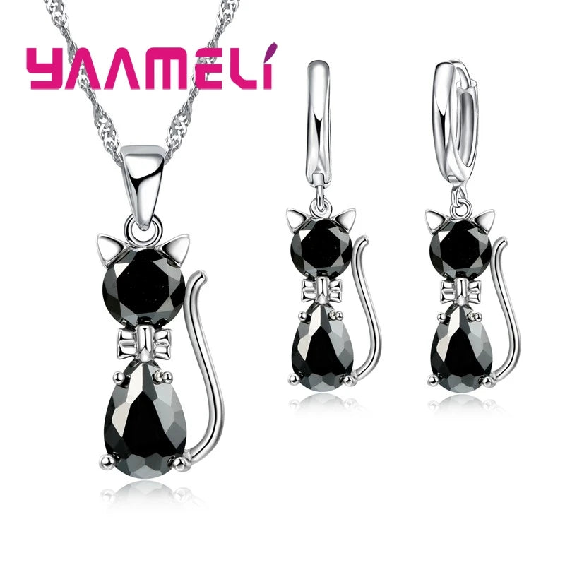 Real 925 Sterling Silver Color Jewelry Sets for Women Girls Shining Austrian Crystal Cute Cat Pendant Necklace Huggie Earring