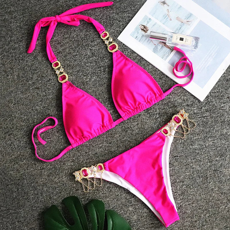 Catene di metallo con scollo all'americana Strass Diamante Bikini Costume da bagno donna Costumi da bagno femminili Due pezzi Bikini set Costume da bagno brasiliano Swim