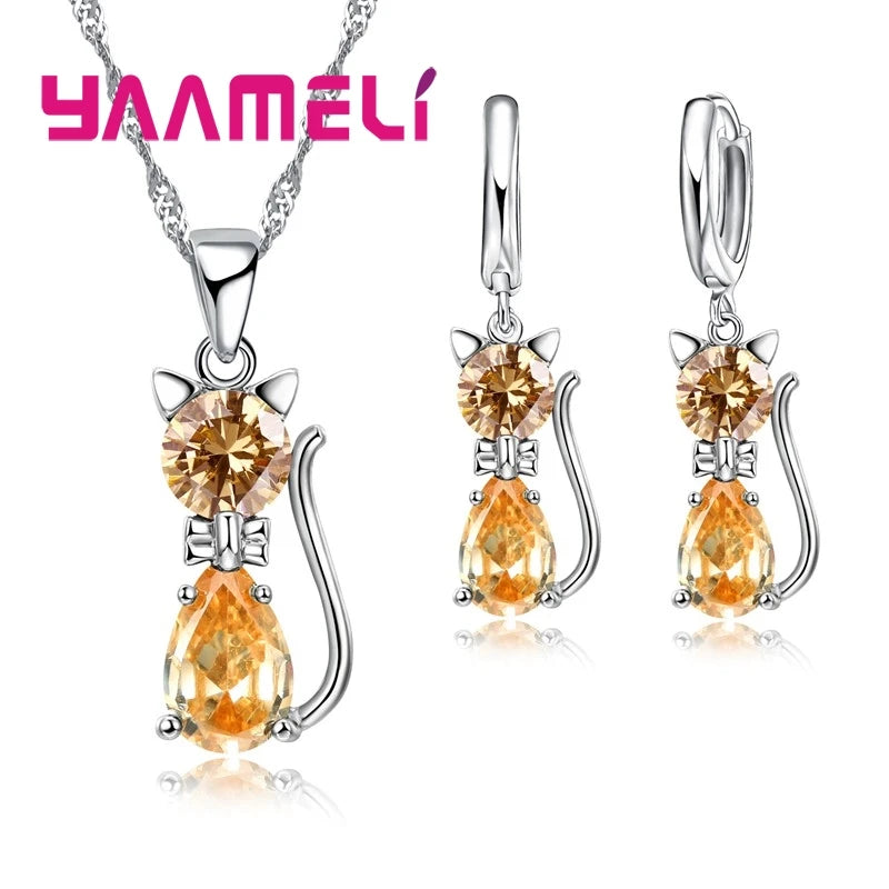 Real 925 Sterling Silver Color Jewelry Sets for Women Girls Shining Austrian Crystal Cute Cat Pendant Necklace Huggie Earring
