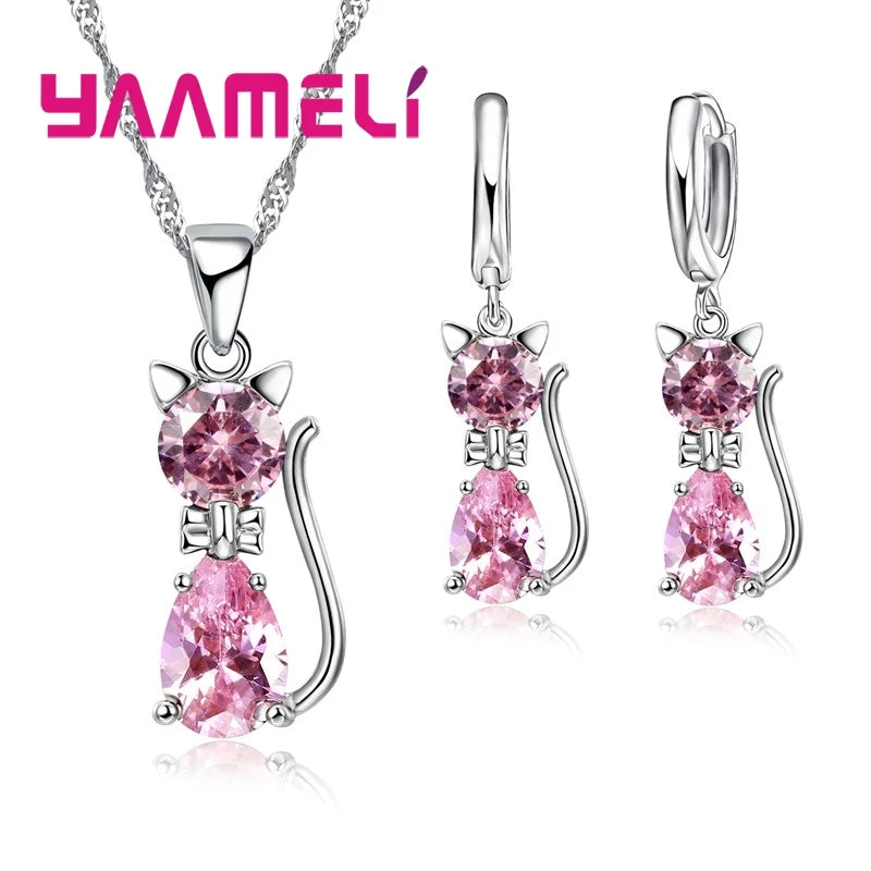 Real 925 Sterling Silver Color Jewelry Sets for Women Girls Shining Austrian Crystal Cute Cat Pendant Necklace Huggie Earring