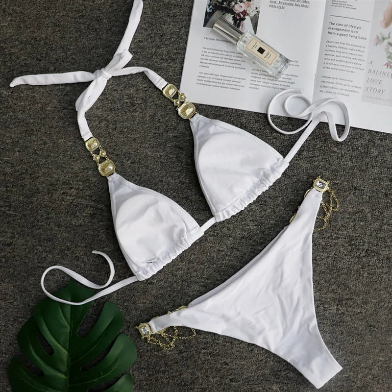 Catene di metallo con scollo all'americana Strass Diamante Bikini Costume da bagno donna Costumi da bagno femminili Due pezzi Bikini set Costume da bagno brasiliano Swim