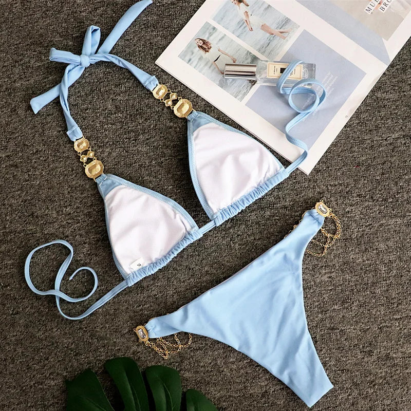 Catene di metallo con scollo all'americana Strass Diamante Bikini Costume da bagno donna Costumi da bagno femminili Due pezzi Bikini set Costume da bagno brasiliano Swim