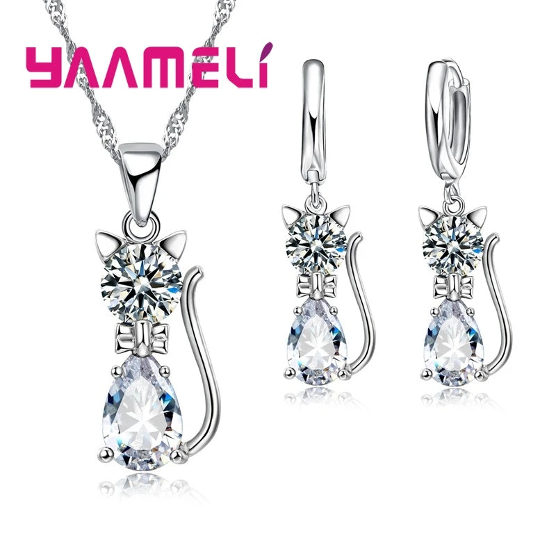 Real 925 Sterling Silver Color Jewelry Sets for Women Girls Shining Austrian Crystal Cute Cat Pendant Necklace Huggie Earring